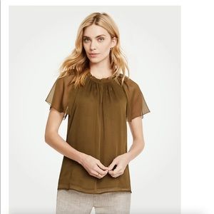 Ann Taylor pleated split neck with short sleeves in olive color